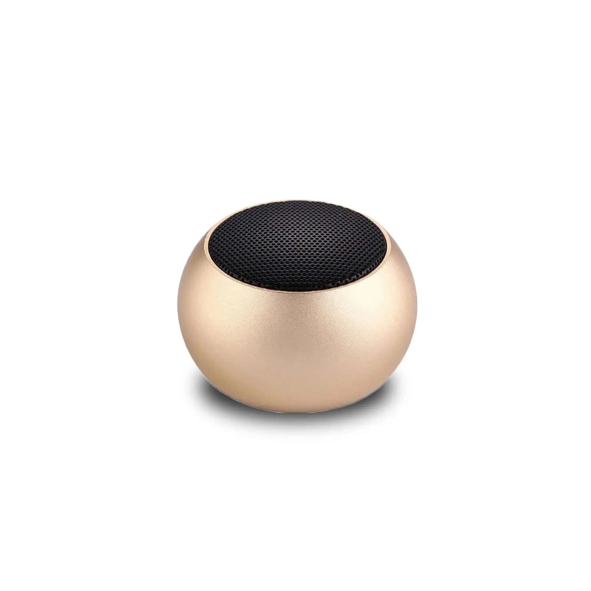 Nevytech Gold outdoor portable mini Bluetooth speaker with black mesh top, 3W power, compatible with Bluetooth 5.0, perfect for on-the-go use.