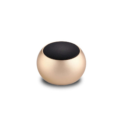 Gold outdoor portable mini Bluetooth speaker with black mesh top, 3W power, compatible with Bluetooth 5.0, perfect for on-the-go use.
