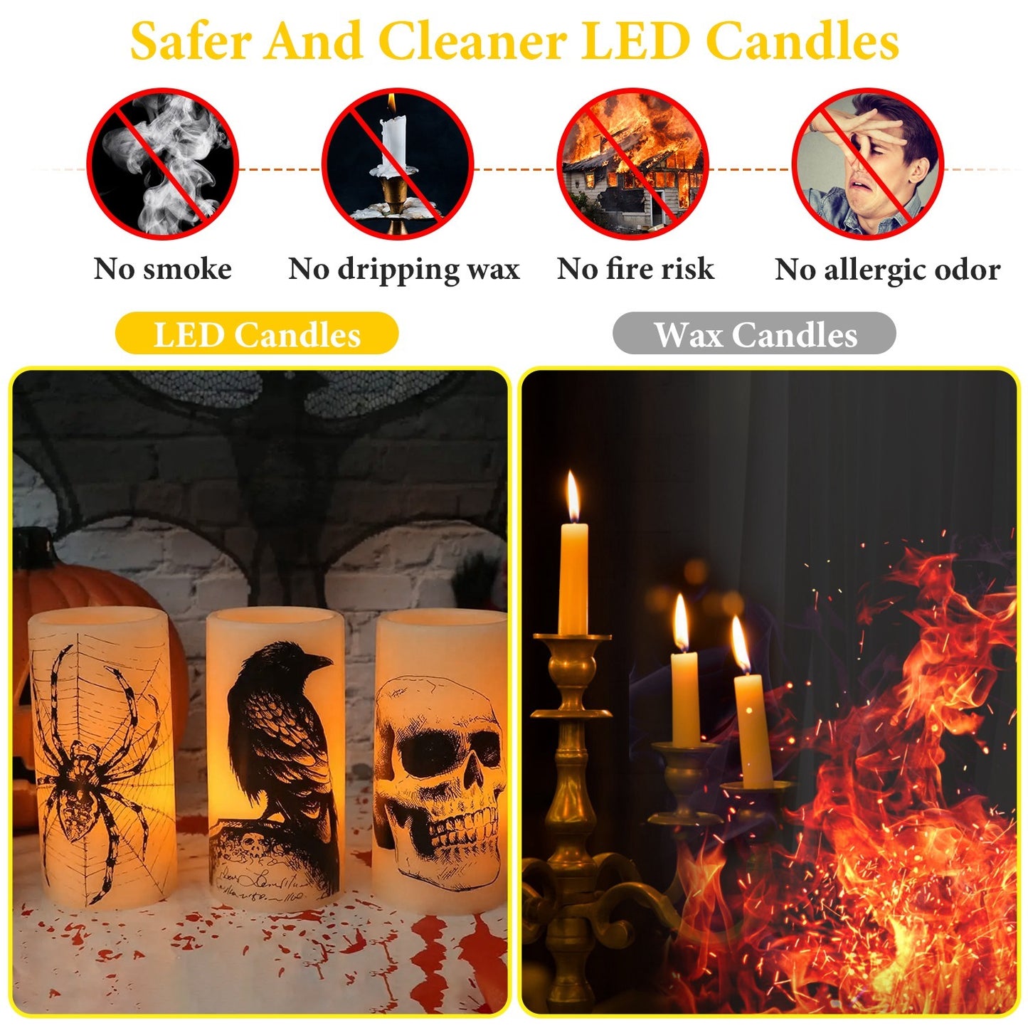 NEVY-TECH offers 3 warm orange flameless candles with timer—battery-operated Halloween lights for safe, spooky décor.