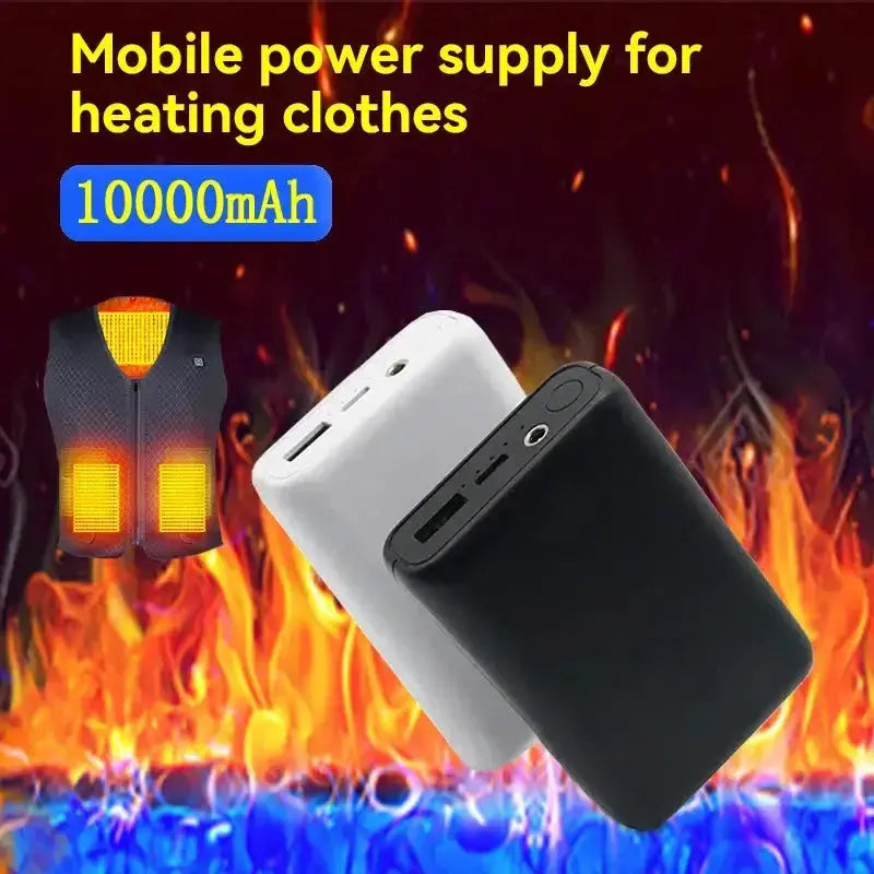 Nevytech portable power bank for heating clothes with 10000mAh capacity in black and white against a flame background.