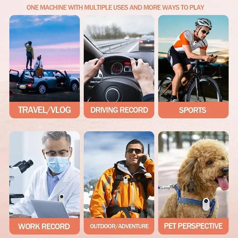 Versatile uses of 4K Ultra Portable Mini Sports Action Camera: travel, driving record, sports, work, outdoor adventures, and pets.