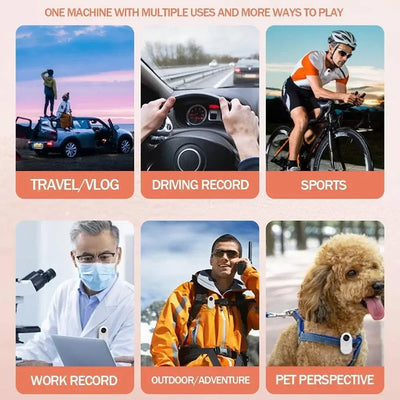 Versatile uses of 4K Ultra Portable Mini Sports Action Camera: travel, driving record, sports, work, outdoor adventures, and pets.