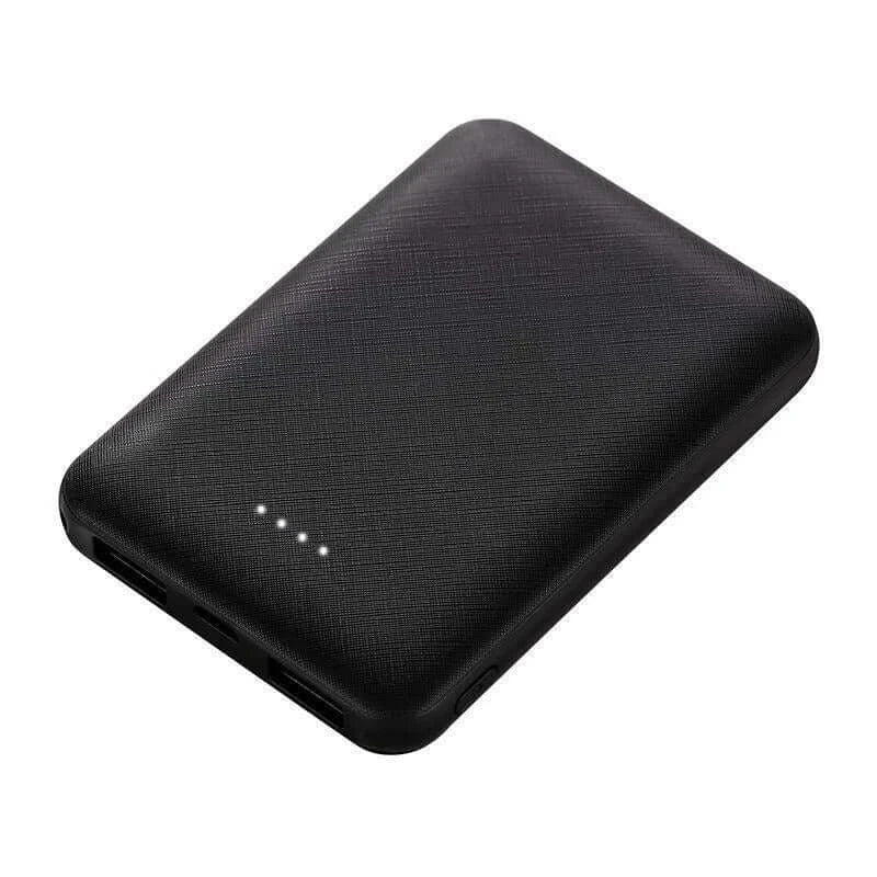 20000mAh portable power bank with double USB output, black textured surface and LED charge indicators.