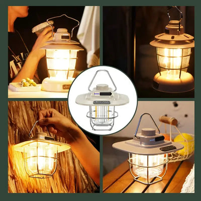 LED camping lantern with stepless dimming, portable design ideal for outdoor use and emergencies.