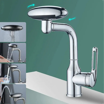 Multi-functional waterfall basin faucet with 360° rotation and four water outlet modes for bathroom sinks.