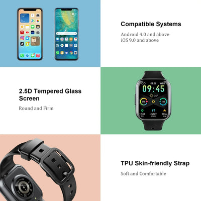 Smartwatch features: compatible with Android/iOS, 2.5D tempered glass screen, and TPU skin-friendly strap.