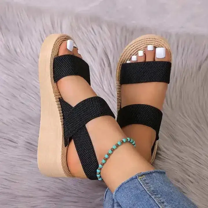 Nevytech Women’s Wedge Sandals Open Toe Platform Shoes with black straps and wooden sole