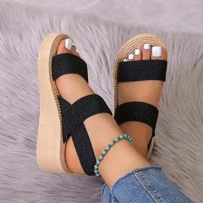 Nevytech Women’s Wedge Sandals Open Toe Platform Shoes with black straps and wooden sole