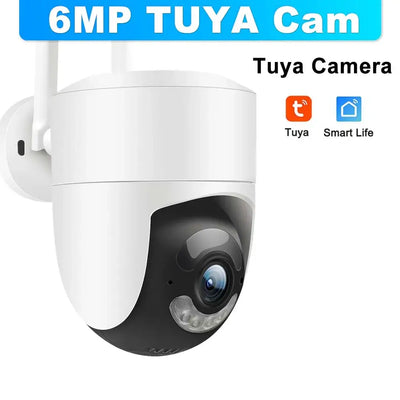 6MP Tuya WiFi camera for outdoor surveillance with AI tracking and smart home integration features.