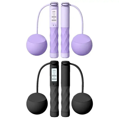 Ropeless jump rope in purple and black, featuring a digital counter and anti-slip grips for indoor fitness workouts.