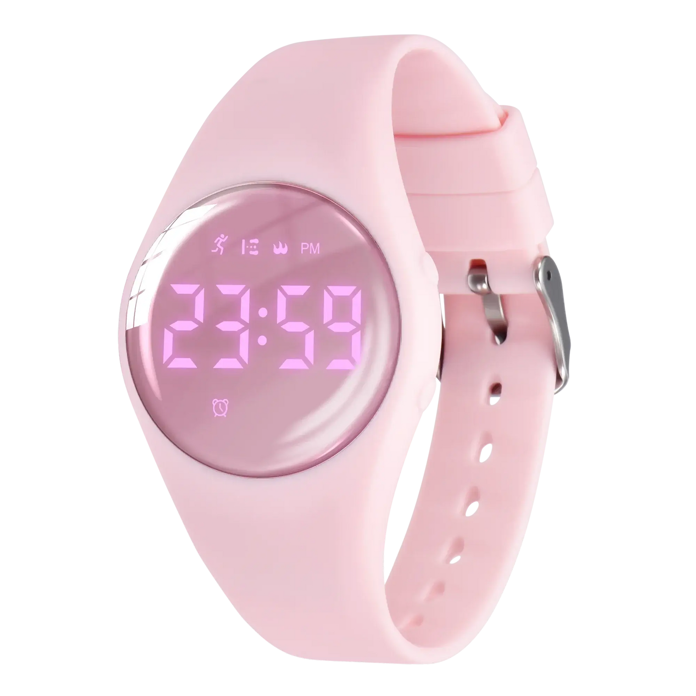 Digital sport watch for kids in pink, featuring a pedometer, silicone band, and round acrylic case.