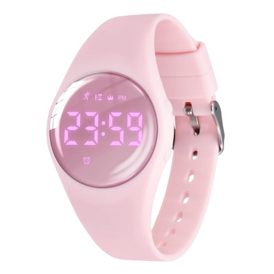 Digital sport watch for kids in pink, featuring a pedometer, silicone band, and round acrylic case.
