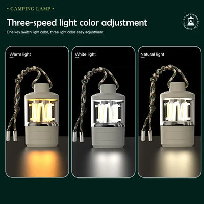 LED camping lamp showcasing three-speed light color adjustment: warm, white, and natural light options.