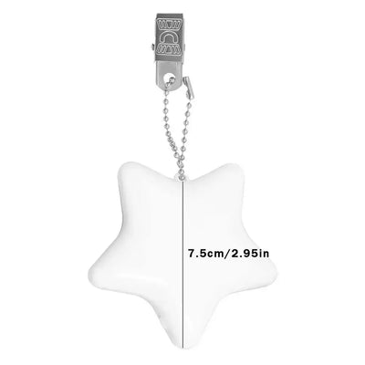 White star-shaped LED handbag light with keychain clip, measuring 7.5cm, ideal for purses and night use.