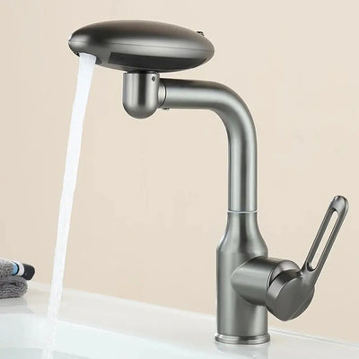 Multi-functional waterfall basin faucet with 360° rotation and single handle for hot and cold water.