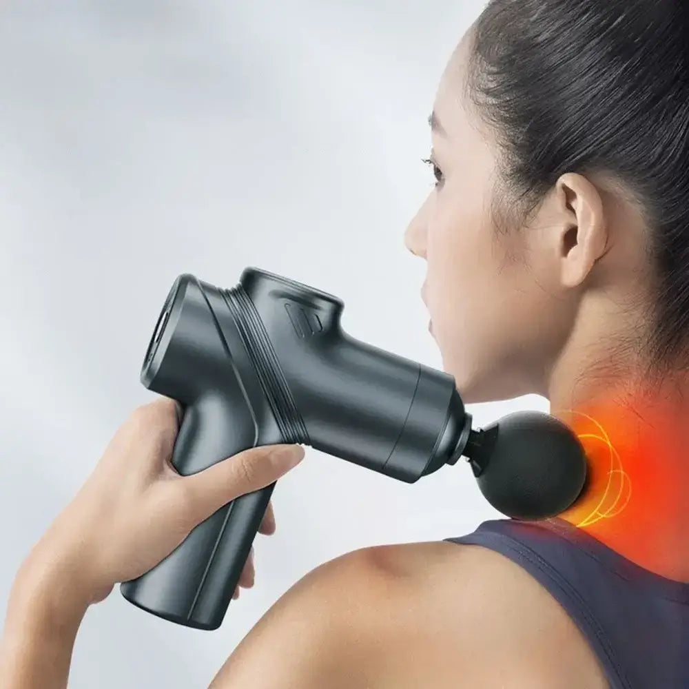 Adult using a deep tissue mini massage gun on neck for muscle relaxation and recovery.