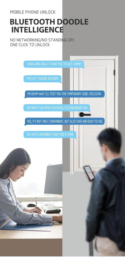 Mobile phone unlock concept with Bluetooth technology for easy access, featuring a woman at a desk and a user at a door.