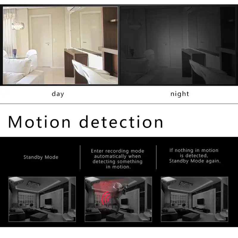 Comparison of motion detection feature in day and night settings with standby mode instructions for effective monitoring.
