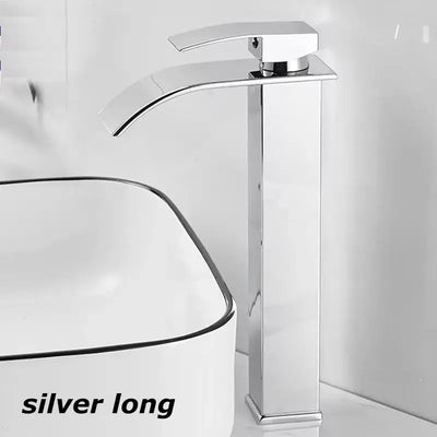 Contemporary silver long waterfall sink faucet, deck mounted basin mixer tap for bathroom accessories.