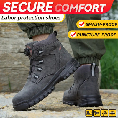 Rotating button men's work safety shoes – waterproof, anti-puncture sneakers with steel toe, non-slip tactical boot