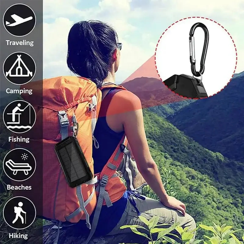 Woman enjoying outdoor adventure with a portable solar power bank attached to her backpack, ideal for camping and hiking.