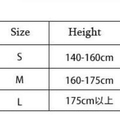 Size chart for lumbar spinal brace showing S, M, and L sizes with corresponding height ranges in centimeters.