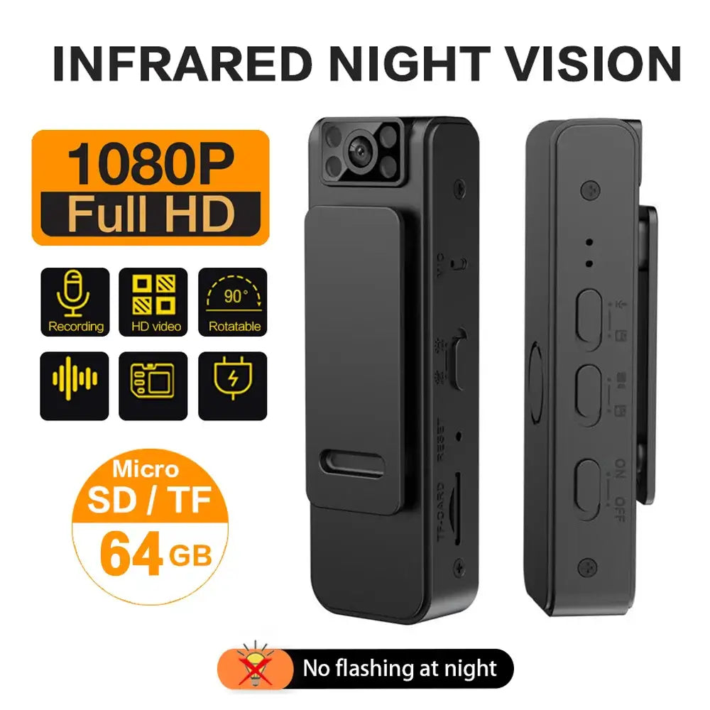 Mini body camera with 1080P full HD resolution, infrared night vision, and Micro SD storage.