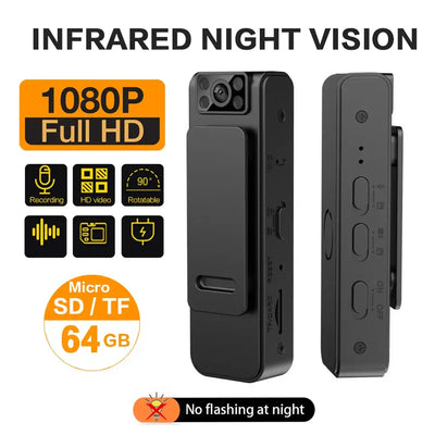 Mini body camera with 1080P full HD resolution, infrared night vision, and Micro SD storage.