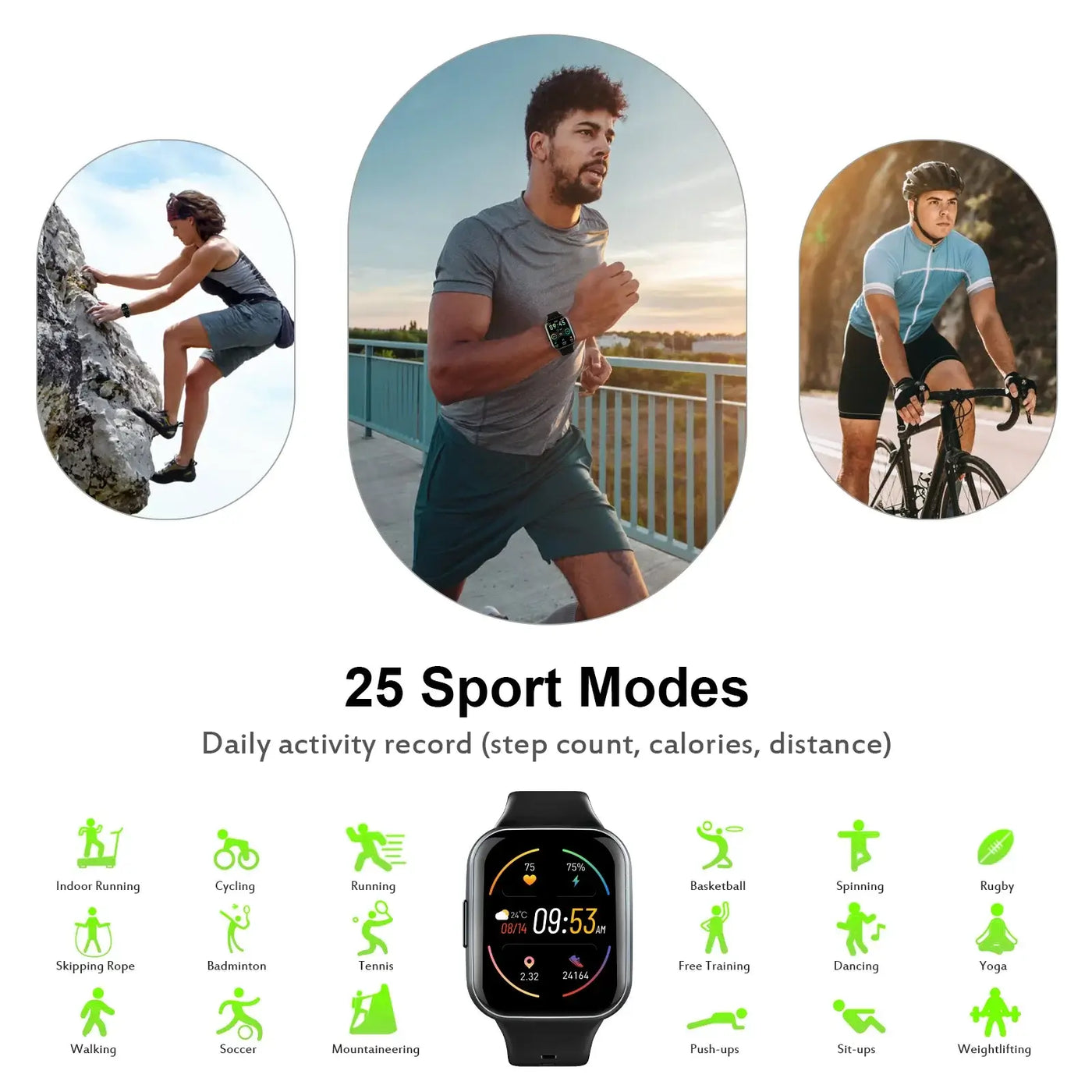 Smartwatch displaying 25 sport modes for tracking activities like running, cycling, and climbing.