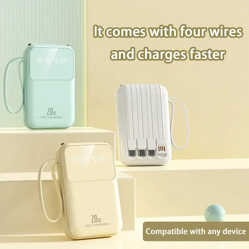 Ultra portable 20000mAh power bank with four charging wires and fast charging capability, compatible with any device.
