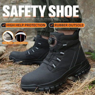 Rotating button men's work safety shoes – waterproof, anti-puncture sneakers with steel toe, non-slip tactical boot