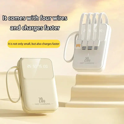 Portable 20W fast charging power bank with four charging wires and digital display.