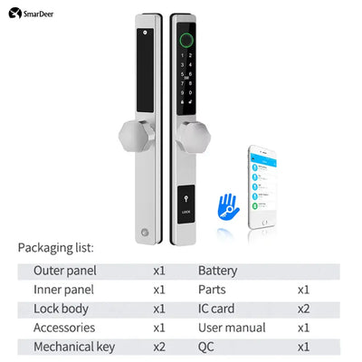 SmarDeer L010-TT electronic fingerprint door lock with packaging list including battery, parts, and user manual.
