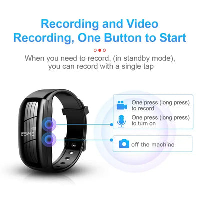 Digital watch mini camera with one-button recording feature for easy operation and quick access to video recording.