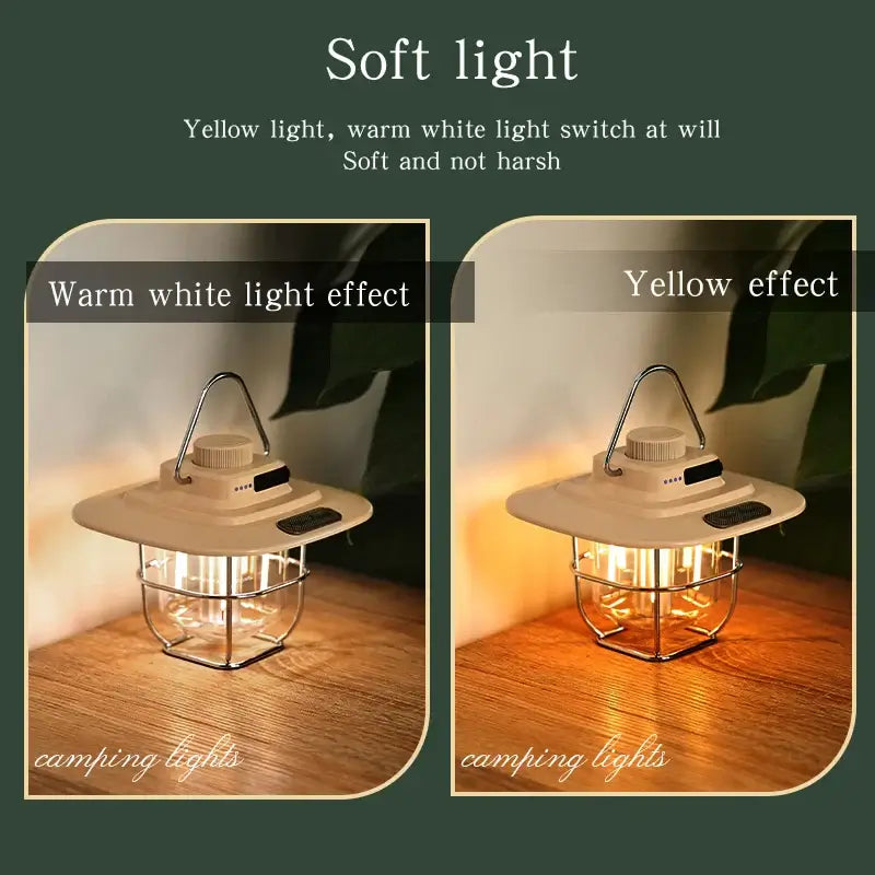 Rechargeable LED camping lantern showcasing warm white and yellow light effects for soft illumination.