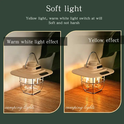 Rechargeable LED camping lantern showcasing warm white and yellow light effects for soft illumination.