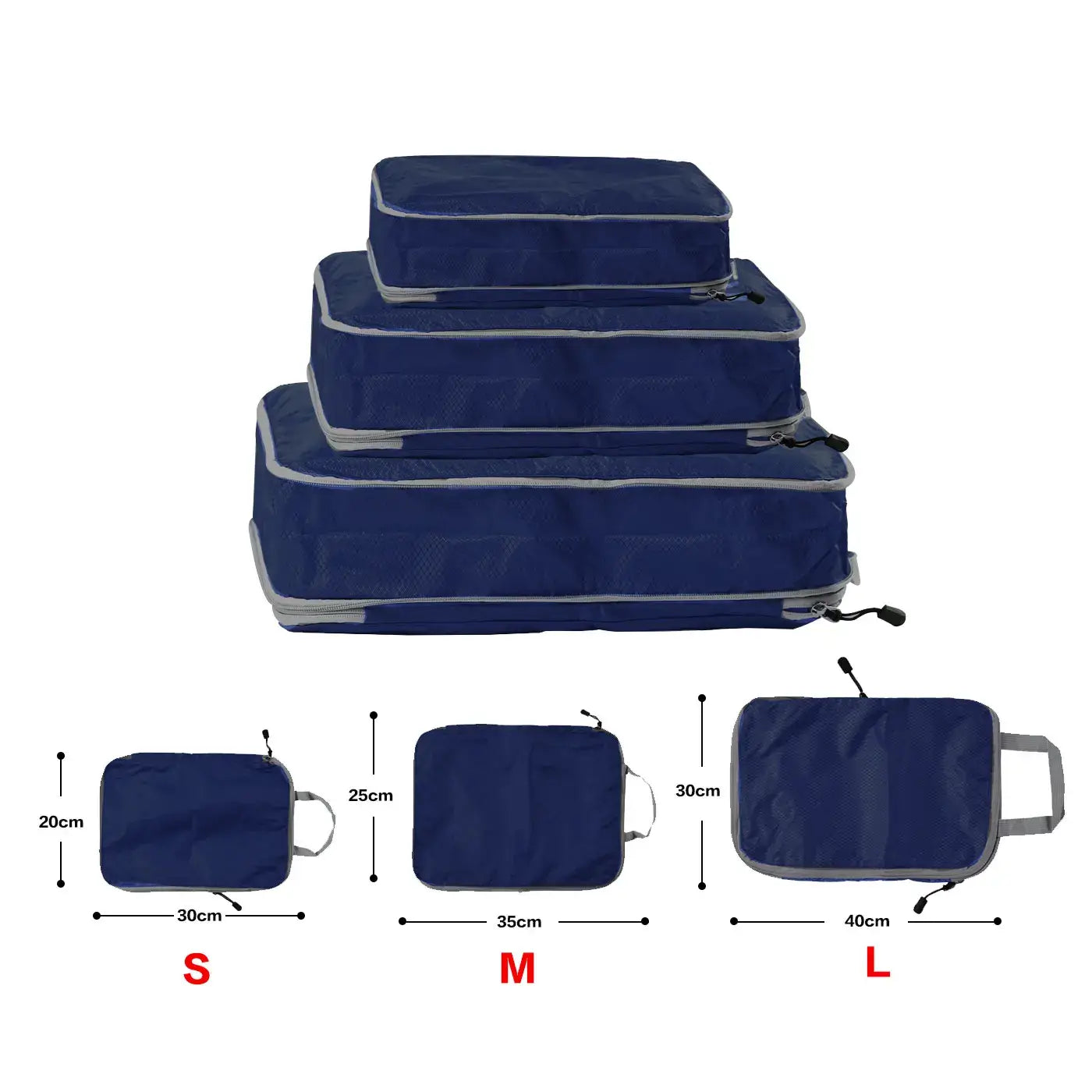 Three sizes of foldable packing cubes in navy blue, designed for waterproof travel storage and luggage organization.