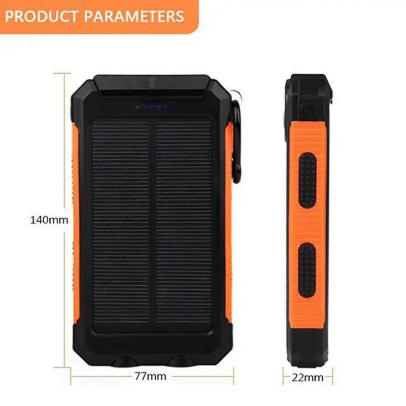 20000mAh portable solar power bank with flashlight, showing dimensions and solar panel features.