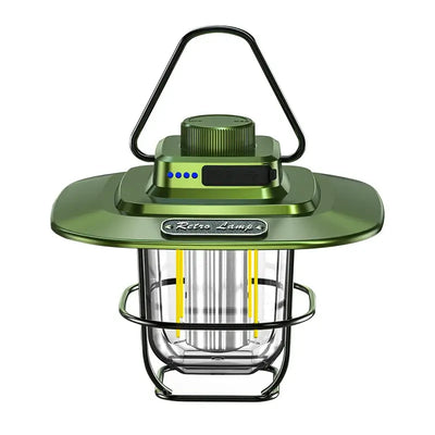 Retro LED camping lantern, rechargeable and portable, ideal for outdoor adventures and emergency lighting.