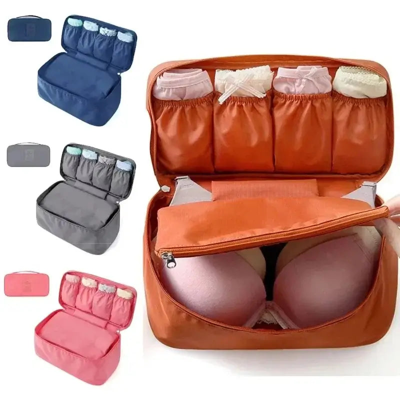 Lightweight travel underwear organizer bag with multiple compartments in various colors for efficient packing.