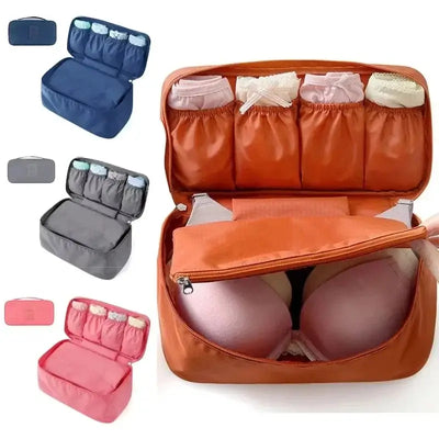 Lightweight travel underwear organizer bag with multiple compartments in various colors for efficient packing.
