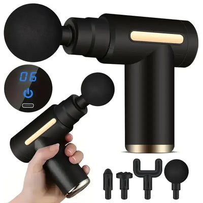 Mini massage gun with 6 speeds, Type-C charging, handheld design and multiple attachments for body relaxation.