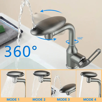 Multi-functional waterfall basin faucet with 360° rotation and 4 spray modes for bathroom use.