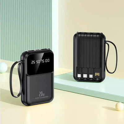 Portable 20000mAh power bank with digital display and fast charging features, perfect for on-the-go charging.