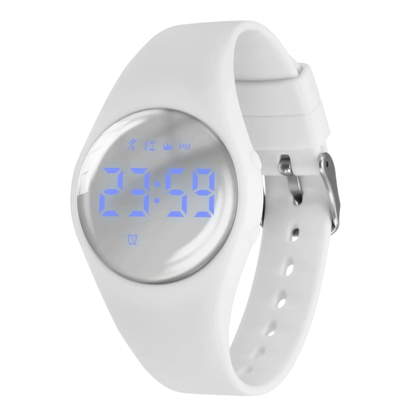 Digital fitness tracker watch for kids with white silicone band and blue LED display.