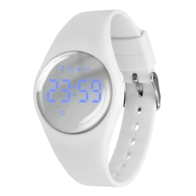 Digital fitness tracker watch for kids with white silicone band and blue LED display.