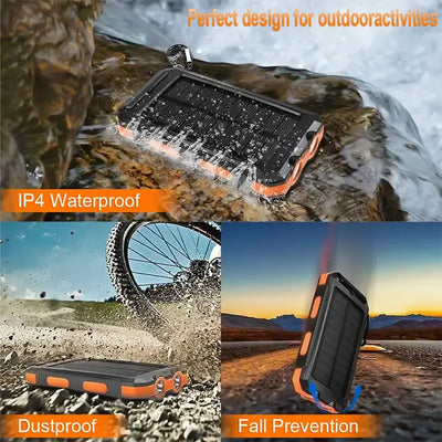 20000mAh solar power bank, IP4 waterproof, designed for outdoor activities, dustproof and fall prevention features.