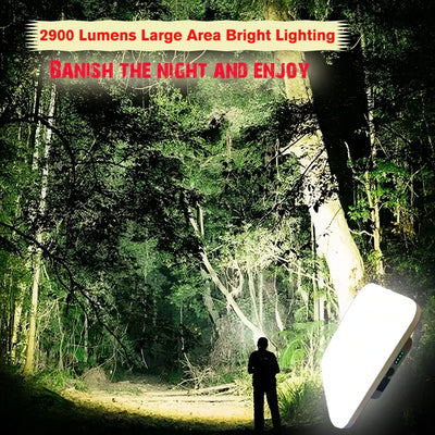 Bright 2900 lumens LED camping lantern illuminating a forest at night, showcasing its powerful lighting capabilities.