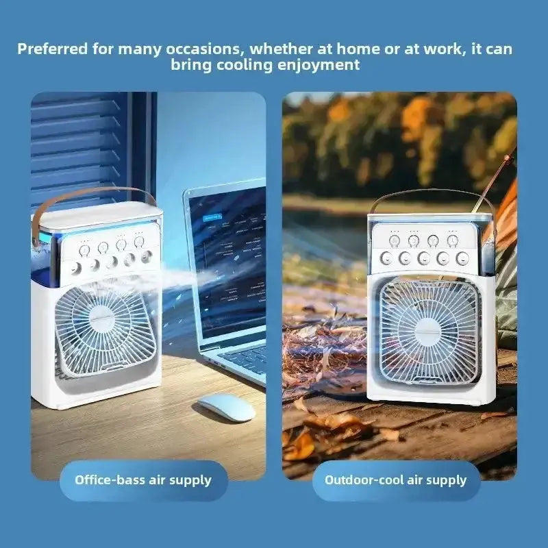 Nevytech 3-in-1 portable mini air cooler offers cooling, humidifying, and LED lighting—compact, quiet, and energy efficient.