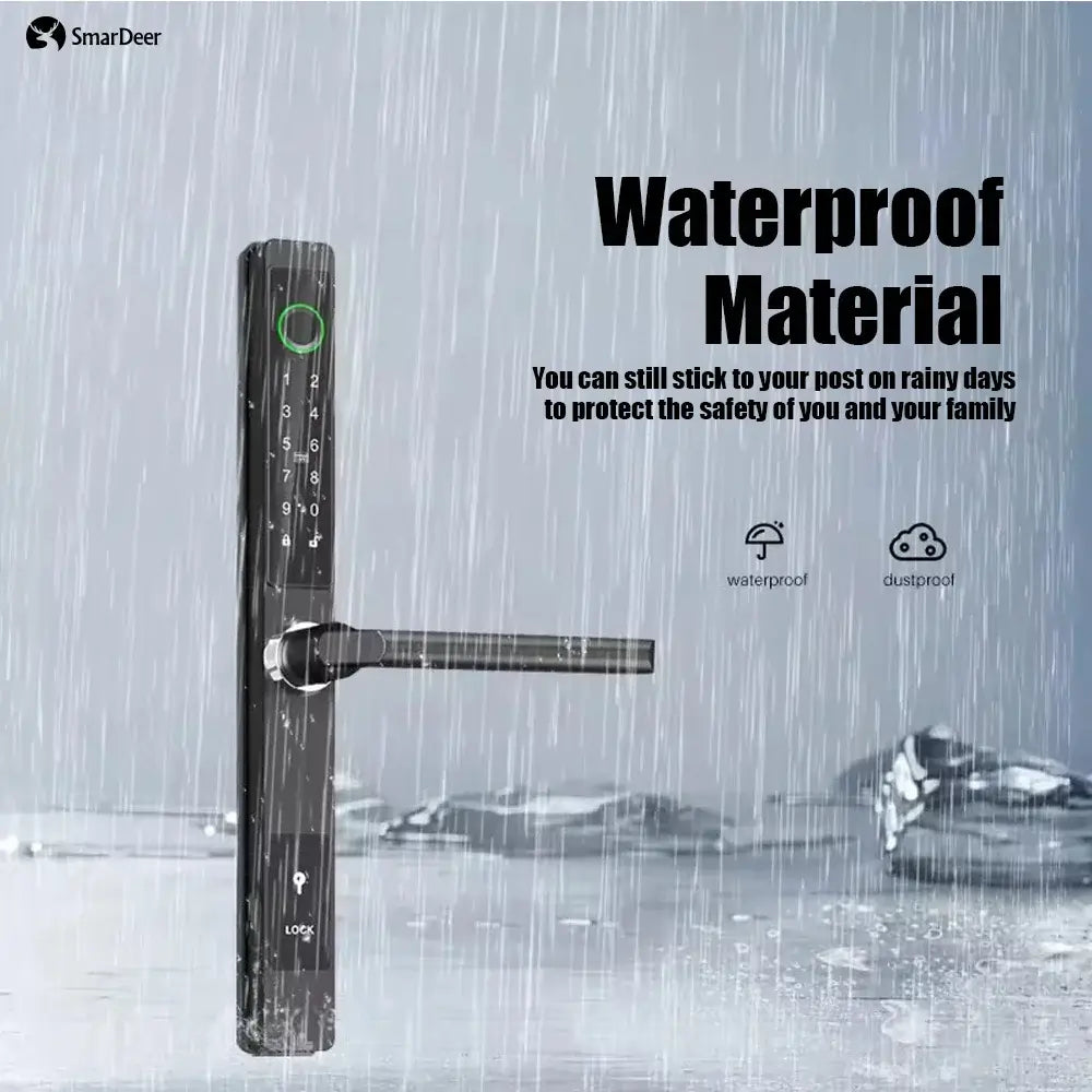 SmarDeer waterproof fingerprint lock designed for sliding doors, featuring durable material for rain protection.